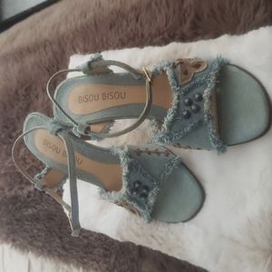Bisou Bisou Beaded & Frayed Distressed Denim Sandals